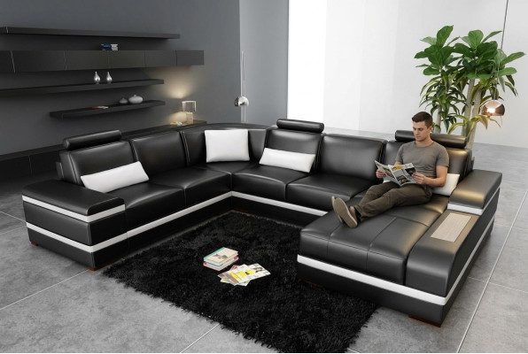 Hoekbank leren bank met USB Big XXL U-vormige woonlandschap bankstel LED