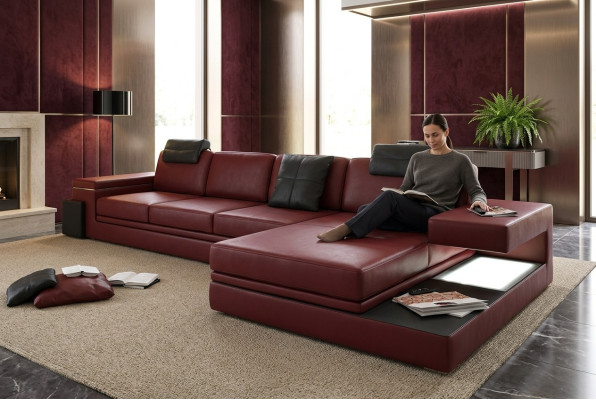 Rote design woonkamerbank stoffen sofa hoekopstelling textielbekleding LED + USB