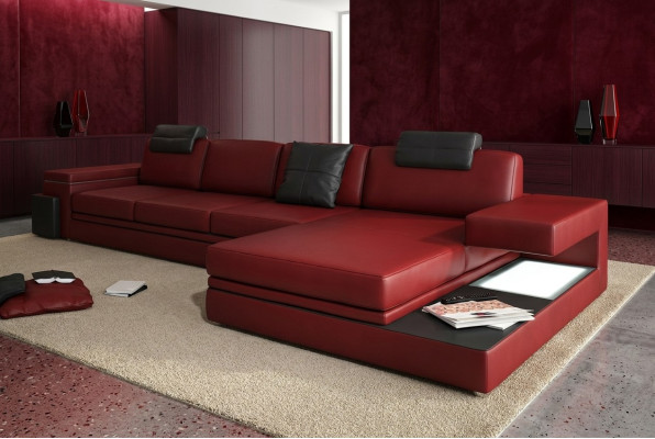 Rote design woonkamerbank stoffen sofa hoekopstelling textielbekleding LED + USB