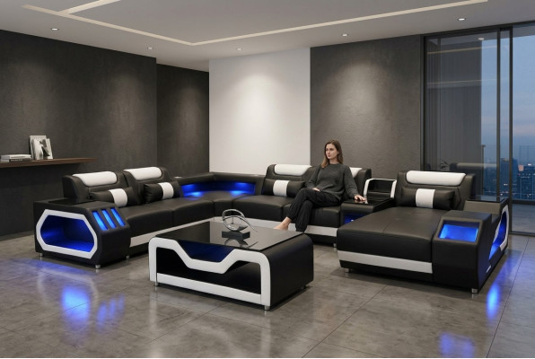 Ontwerp Lederen Bekleding Zithoek Landschap Kamer Nieuwe Woonbank Bekleding Hoek USB