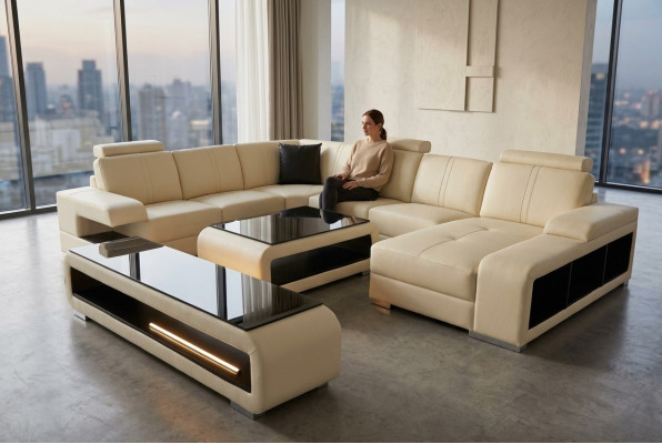 Moderne hoekbank woonlandschap bank tafel dressoir bank USB hoekbank set 3-dlg.
