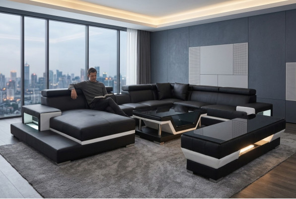 Leren hoekbank in U-vorm in modern design voor de woonkamer