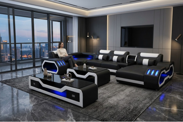 Leren bankstellen hoekbank ontwerp bank woonlandschap + salontafel + RTV USB nieuw