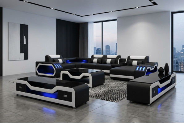 Leren bankstellen hoekbank ontwerp bank woonlandschap + salontafel + RTV USB nieuw
