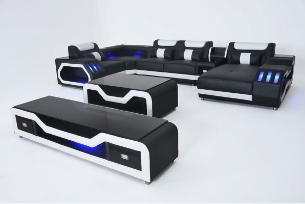 Leren bankstellen hoekbank ontwerp bank woonlandschap + salontafel + RTV USB nieuw