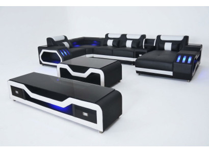 Leren bankstellen hoekbank ontwerp bank woonlandschap + salontafel + RTV USB nieuw