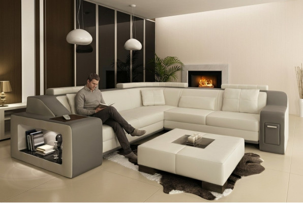 Hoekbank van leer en textiel bank met USB-bekleding woonlandschap L set zetel Isching.