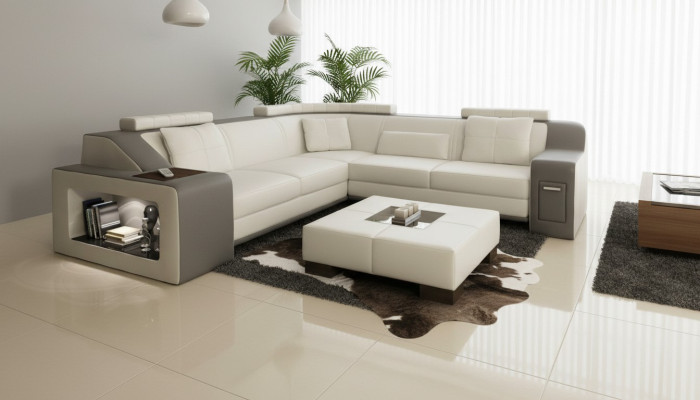 Hoekbank van leer en textiel bank met USB-bekleding woonlandschap L set zetel Isching.