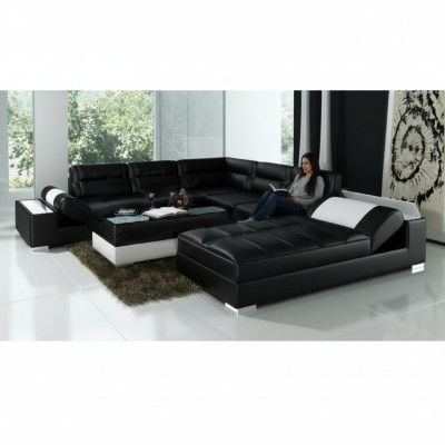 Leren hoekbank + USB-set gestoffeerde U-vorm bank sofa ontwerp woonlandschap