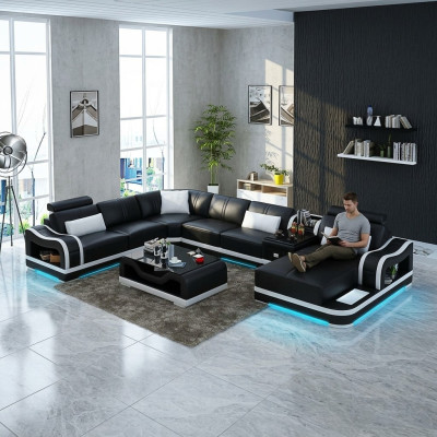 Ledersofa + USB Bank Woonlandschap Hoekbank Set Ontwerp Modern Bankstellen