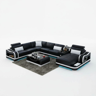 Ledersofa + USB Bank Woonlandschap Hoekbank Set Ontwerp Modern Bankstellen