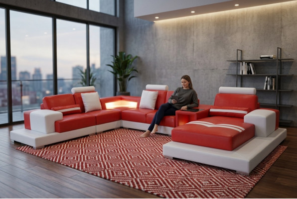 Leren bankstel Woonlandschap Set Modern ontwerp U-vormige bank met USB-licht