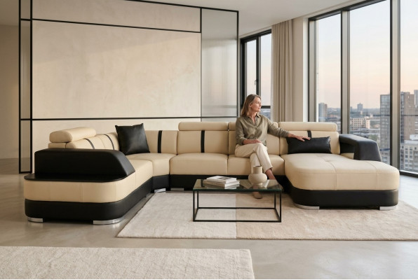 Woonlandschap designer bankstel met USB big cushion leren banken hoekstoel zwart