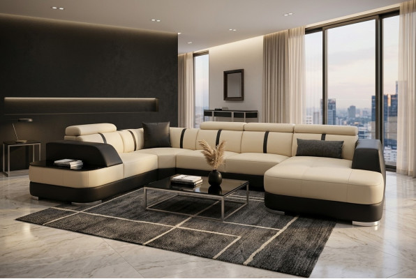 Woonlandschap designer bankstel met USB big cushion leren banken hoekstoel zwart