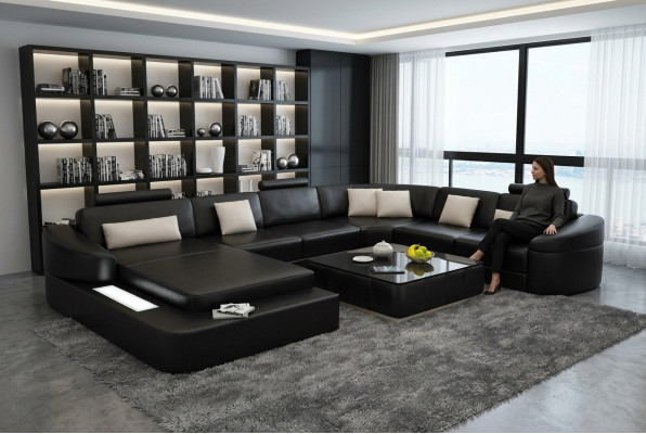 Luxe leren bank bekleding Moderne zit combi hoekbank woonlandschap LED USB