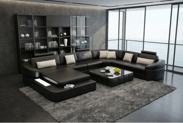 Luxe leren bank bekleding Moderne zit combi hoekbank woonlandschap LED USB