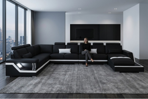 Leren bank woonlandschap hoek bankstel ontwerp bank U-vorm + chaise met USB L6002