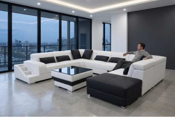 Leder hoekbank woonlandschap set design moderne banken USB LED kruk