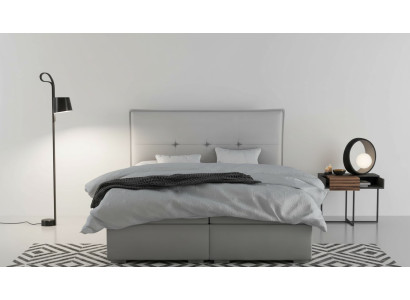 Boxspring bed hotel dubbel textiel grijs luxe bedden gestoffeerde bedlade functie.