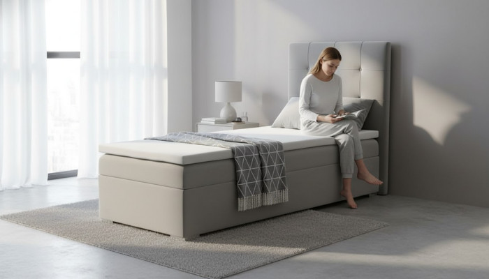 Luxe boxspring bed hotelbedden gestoffeerde functie opbergbox 90x200cm grijs nieuw
