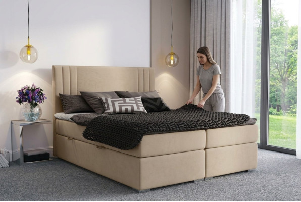 Boxspring Bed Hotel Dubbel Beige Textiel Luxe Bedden Beklede Doos Functie