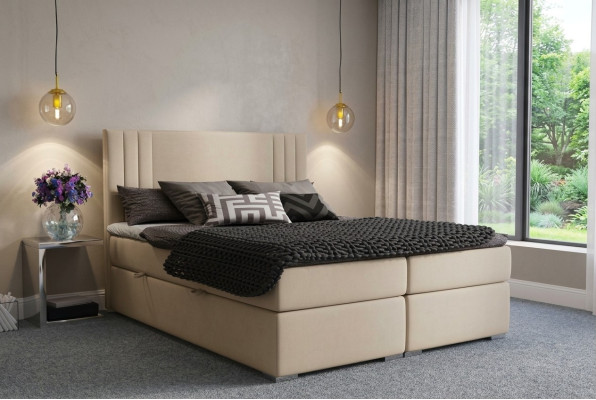 Boxspring Bed Hotel Dubbel Beige Textiel Luxe Bedden Beklede Doos Functie