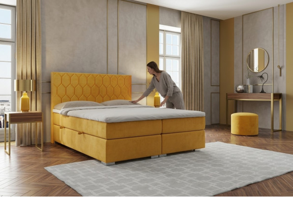 Boxspring bed hotel dubbele luxe bedden gestoffeerde functie bedlade geel fluweel