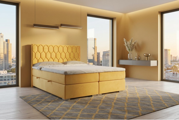 Boxspring bed hotel dubbele luxe bedden gestoffeerde functie bedlade geel fluweel
