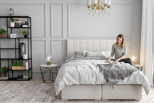 Boxspring Bed Hotel Dubbele Luxe Bedden Gewatteerde Bedlade Functie Beige Nieuw