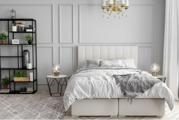 Boxspring Bed Hotel Dubbele Luxe Bedden Gewatteerde Bedlade Functie Beige Nieuw