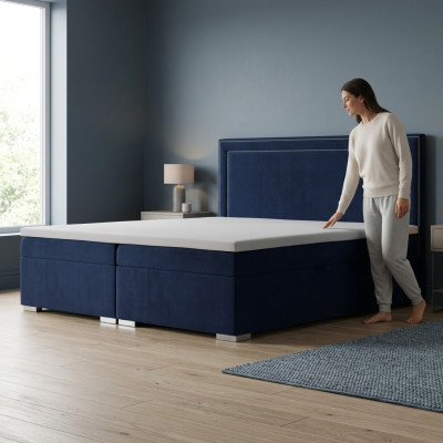 Boxspring Bed Hotel Dubbel Design Bedden Luxe Bekleding Kast Functie Blauw Nieuw