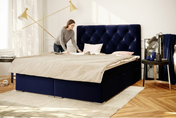 Boxspring Bed Hotel Dubbel Blauw Textiel Luxe Bedden Gestoffeerd Bed Opbergbox Functie