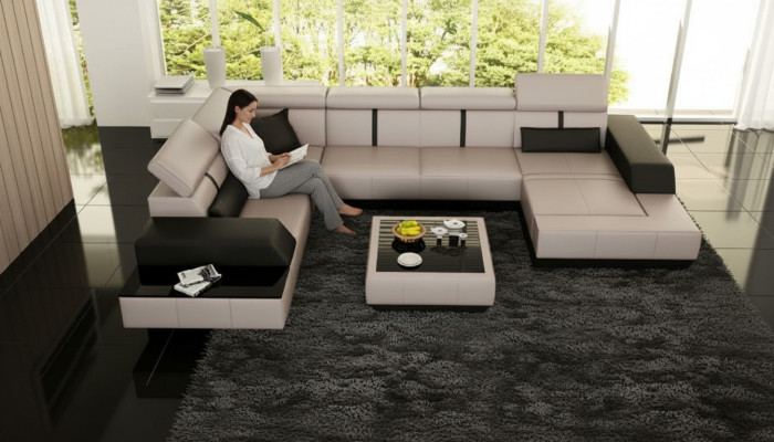 Ledersofa + USB Woonlandschap Bank Hoekbank Leren bank Poster Hoek Bank Nieuw