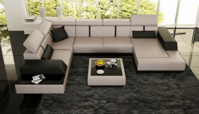 Ledersofa + USB Woonlandschap Bank Hoekbank Leren bank Poster Hoek Bank Nieuw