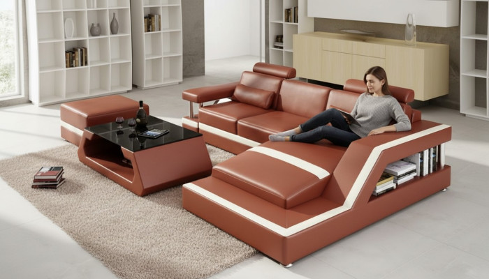 Leren bank met USB woongebied hoekbank hoek garnituur ontwerp Modern Sofa L6002E.