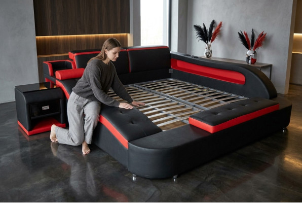 Dubbel luxe leren bed + USB gestoffeerde bedden moderne hotel multifunctioneel