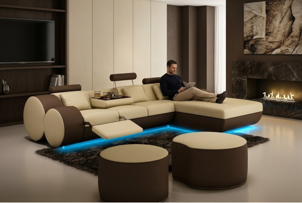 Ontwerper leren hoekbank woonlandschap leren bank + USB-set hoekbank Madrid