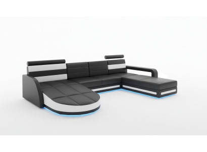 XXL WOONLANDSCHAP BANKSTEL DESIGN HOEKBANK Zwart LEDEREN BANK met USB Nieuw XXL WOONLANDSCHAP ZITBANK ONTWERP HOEKBANK Zwarte LEREN BANK met USB Nieuw