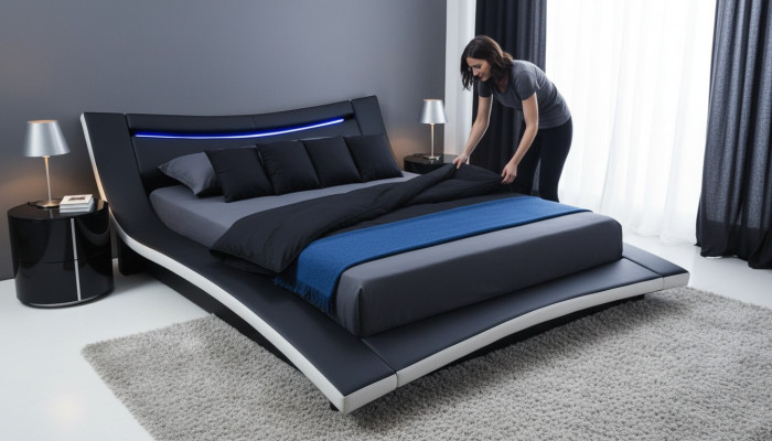 Luxe design leren tweepersoons hotelbed met USB, gestoffeerd echtelijke bedframe nieuw