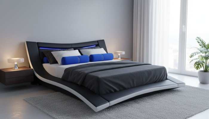 Luxe design leren tweepersoons hotelbed met USB, gestoffeerd echtelijke bedframe nieuw