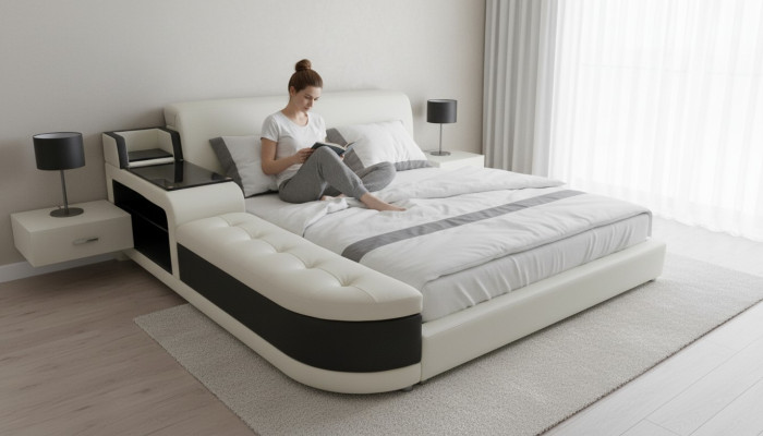 Ontwerper gestoffeerd bed voor slaapkamer gemaakt van hoogwaardige materialen.