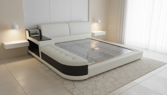 Ontwerper gestoffeerd bed voor slaapkamer gemaakt van hoogwaardige materialen.