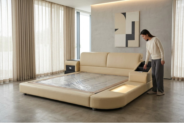 Exclusieve multifunctionele tweepersoonsbedden hotelhuwelijk gestoffeerd lederen bed + USB luxe nieuw