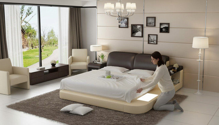 Ontwerpbed XXL Groot Bed Lederen Bekleding Hotel 200x200cm Multifunctioneel Plank USB