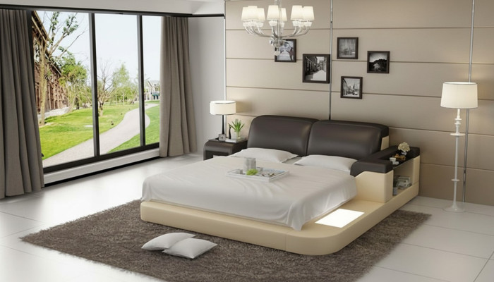Ontwerpbed XXL Groot Bed Lederen Bekleding Hotel 200x200cm Multifunctioneel Plank USB
