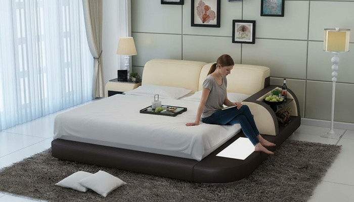 Ontwerp bed XXL Grote Bedden Lederen Hotel Bekleding 180x200 Multifunctioneel Plank USB