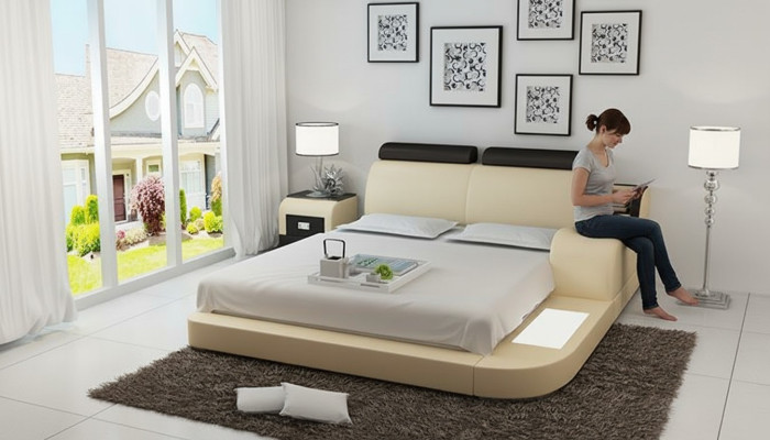 Ontwerp bed XXL Grote bedden Lederen hotel bekleding 160x200 cm Multifunctioneel rek USB