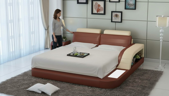 Modern slaapkamerbed met hoogwaardig design, beddengoed, en multifunctionele USB-aansluiting.