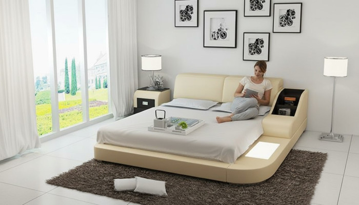 Ontwerpbed XXL Grote bedden Leren bekleding Hotel 160x200cm multifunctioneel rek USB