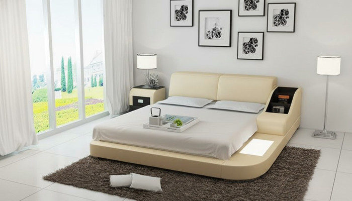 Ontwerpbed XXL Grote bedden Leren bekleding Hotel 160x200cm multifunctioneel rek USB